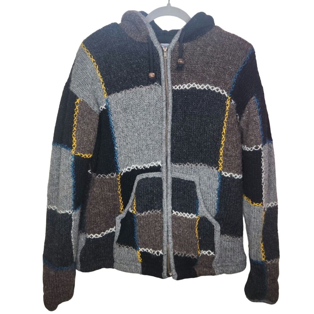 EzHippie 100% wool fleece-lined knitted jacket size large full zip